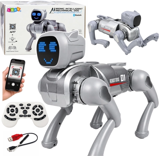 Chien robot interactif AI télécommandé avec écran LED argenté