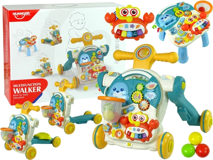 Trottinette-pousseur 4-en-1 avec table éducative, draisienne et trottinette – bleu