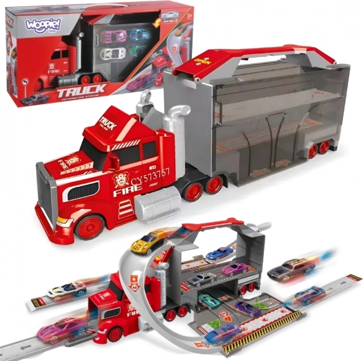 Woopie camion de pompiers avec garage et piste de course