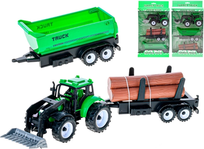 Tracteur vert avec chargeur frontal et 2 remorques interchangeables à inertie