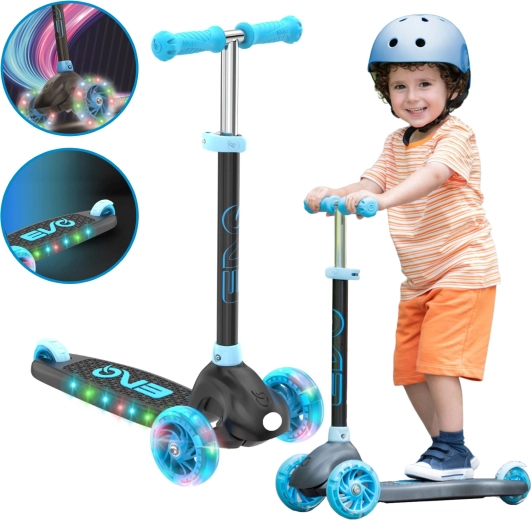 evo eclipse trottinette enfant à trois roues avec roues et plateforme LED, hauteur réglable, bleu