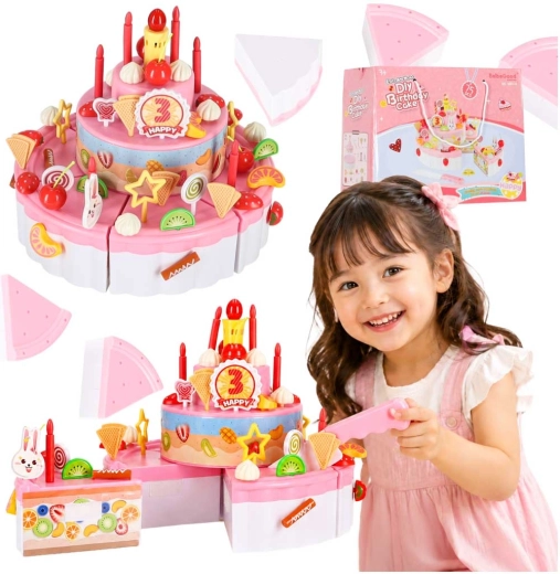Gâteau d’anniversaire enfant à 3 étages à découper avec scratch, lumières et musique (75 pièces), rose