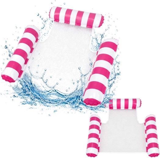 Hamacs d’eau gonflable avec appui-tête et filet blanc-rose