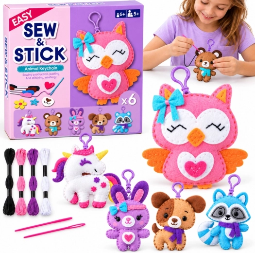 Kit créatif de couture et de collage pour porte-clés animaux en feutrine - 6 pièces