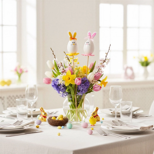 Œufs de Pâques décoratifs sur tige avec lapin en feutrine, 2 pièces