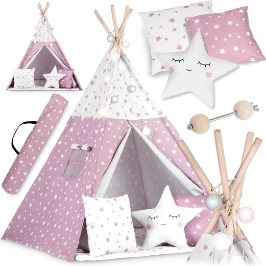 Tipi pour enfants avec guirlandes lumineuses NUKIDO – rose avec étoiles