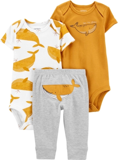 Ensemble 3 pièces Carter's pour garçon – 2× bodies à manches courtes et pantalon de survêtement Mustard Whale, taille 56 (NB)