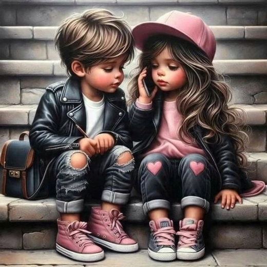 NORIMPEX Peinture par numéros Fille mignonne avec un garçon dans l'escalier 40 × 50 cm