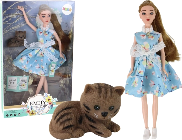 Poupée Emily printanière aux longs cheveux en robe bleue avec chaton