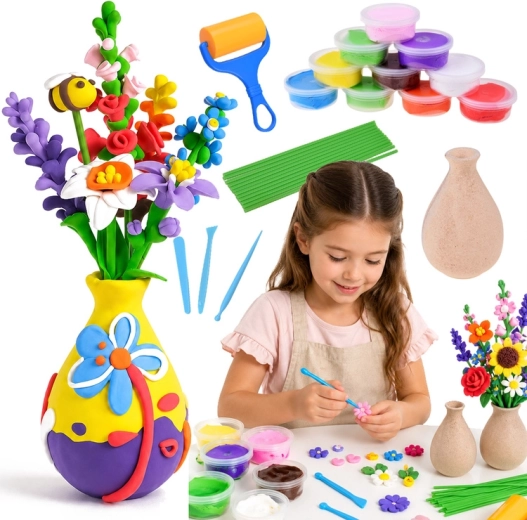 Kit créatif DIY pour fabriquer des fleurs en pâte légère autodurcissante avec vase (28 pièces)