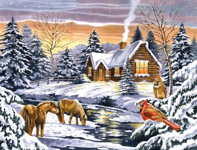 Norimpex Peinture par numéros Maison d'hiver près du ruisseau 40 × 50 cm