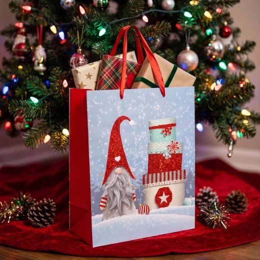 Sac cadeau de Noël avec motif de lutin et paillettes - 1 pièce