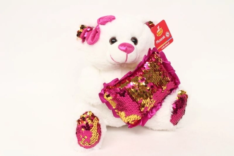 SmilyPlay Ours en peluche blanc avec coussin à sequins rose