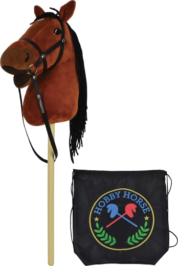 Cheval brun sur bâton 73 cm avec sons et sac à dos noir