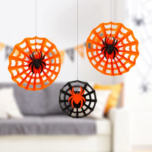 Décoration en papier d’Halloween toile d’araignée avec araignée 30/40 cm - 3 pièces