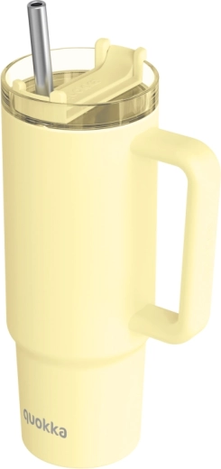 Mug isotherme en acier inoxydable Quokka Vibe jaune pastel (Drop Safe) avec paille en inox 880 ml