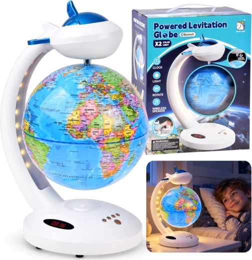 Globe lévitant 4-en-1 avec rotation à 360° (lampe LED, haut-parleur Bluetooth, horloge)