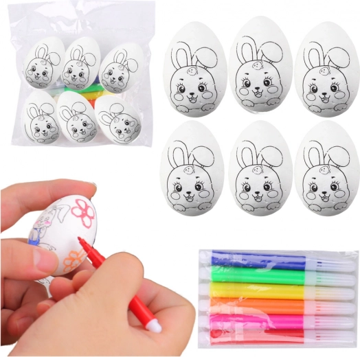 Œufs de Pâques en polystyrène à peindre avec motif lapin, 6 pcs + feutres