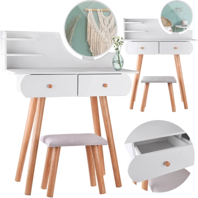 Coiffeuse blanche avec tabouret miroir et tiroirs de style scandinave ZA4820