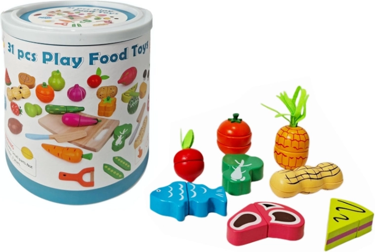 Fruits et légumes en bois à découper dans un seau