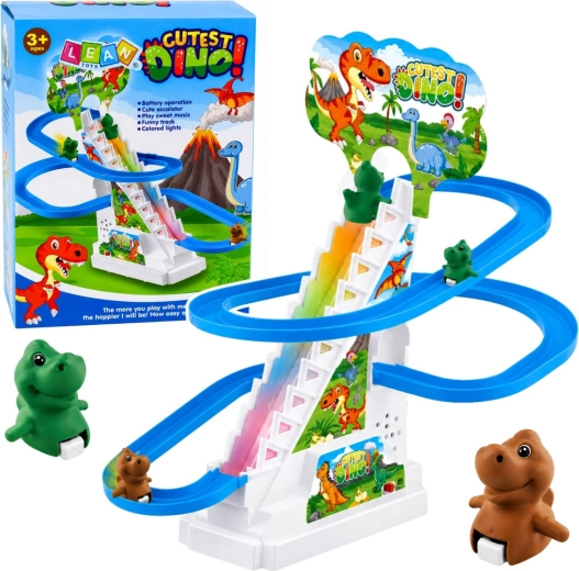 Circuit interactif de dinosaures avec toboggan, escalier mobile, lumières et musique