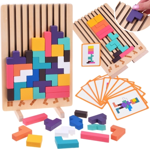 Puzzle logique en bois Tetris avec pièces colorées