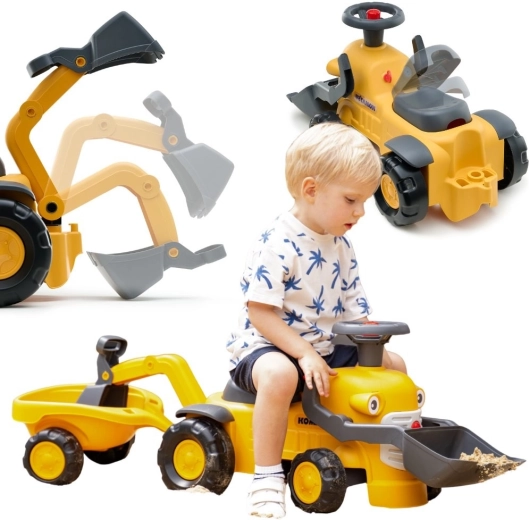 Draisienne FALK KOMATSU avec godet avant, pelle arrière et remorque