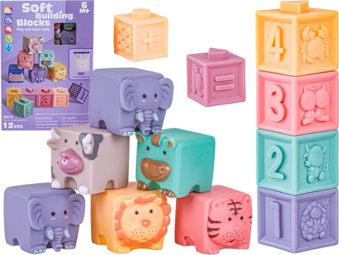 Cubes sensoriels en silicone souple pour bébés – animaux, formes et chiffres (12 pcs)