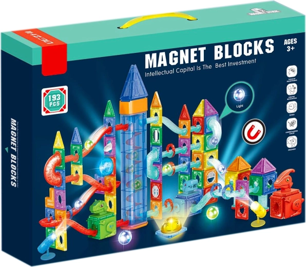 Jeu de construction magnétique parc de dinosaures avec lumières LED et bille – 193 pcs