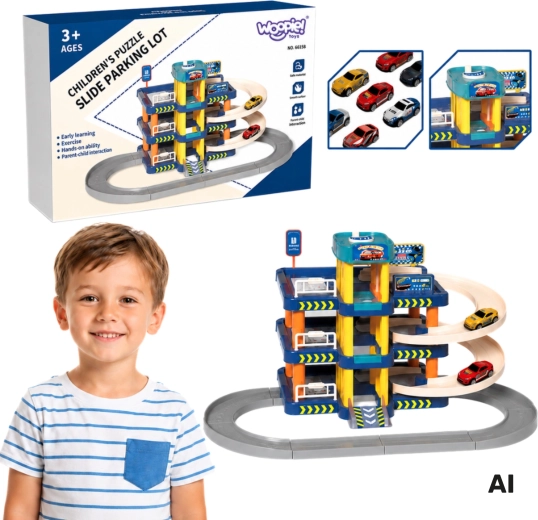 Garage de stationnement Woopie à plusieurs niveaux avec ascenseur manuel et petites voitures