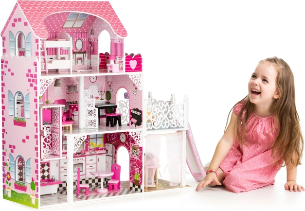 Maison de poupée en bois avec toboggan