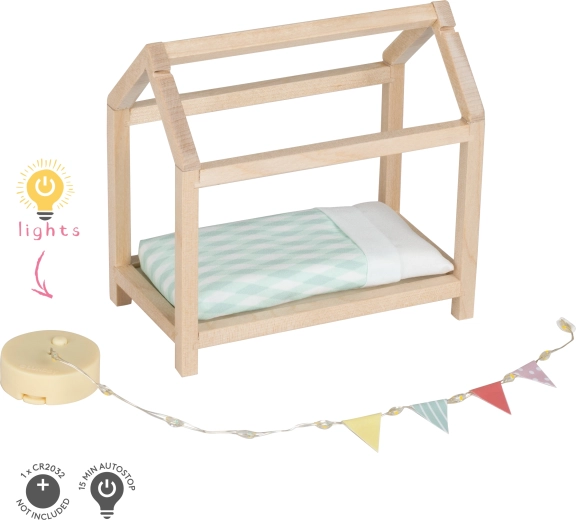 Lit en bois Lundby en forme de maison avec éclairage pour maison de poupées