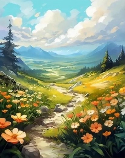 Peinture diamant Chemin de montagne fleuri 30 × 40 cm