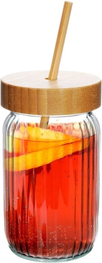 Bouteille en verre côtelé avec couvercle et paille en bambou 500 ml