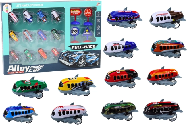 Ensemble de 12 jouets en forme d'avions avec propulsion et panneaux de signalisation