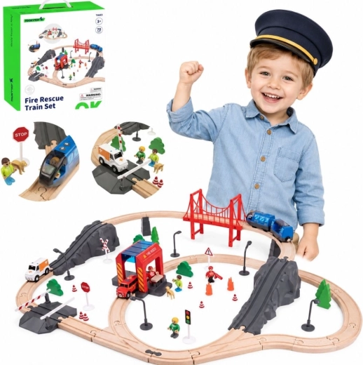 Ensemble de train en bois pompiers et ambulance 70 pièces – TOOKY TOY