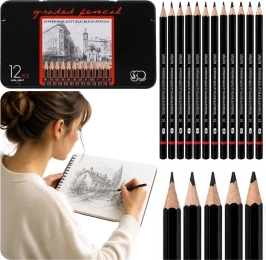 Set professionnel de crayons à croquis dans une boîte en métal (12 pcs)