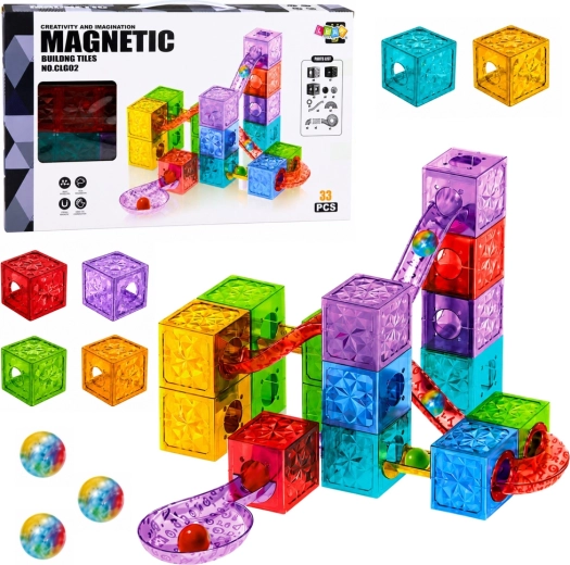 Jeu de construction magnétique – cubes transparents colorés avec circuit à billes (33 pièces)