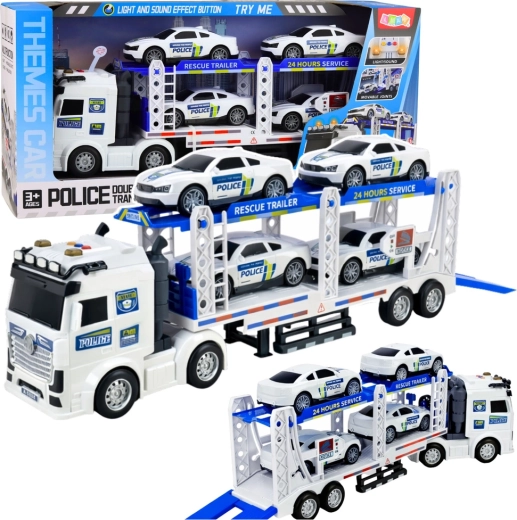 Transporteur de voitures de police avec remorque porte-voitures, lumières et sons