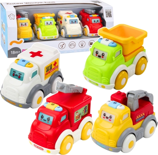 Voitures urbaines pour tout-petits avec entraînement mécanique, lumières et sons – set de 4 véhicules