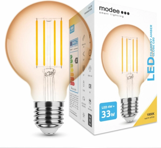 Modee Ampoule LED à filament Amber Globe G80 4W E27, 360 lm, blanc chaud