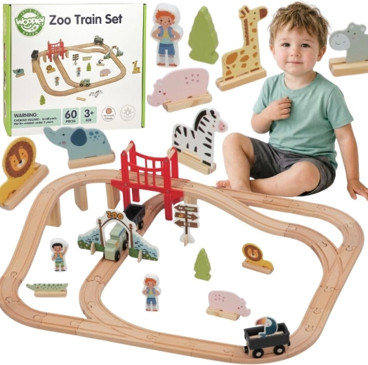 Woopie Green circuit de train en bois zoo XL – train magnétique, pont et 60 pièces, FSC