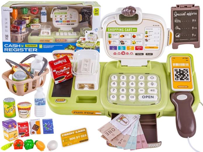 Caisse enregistreuse éducative pour enfants pour jouer au magasin avec balance, calculatrice et lecteur de codes (30 pièces) - 1 pièce