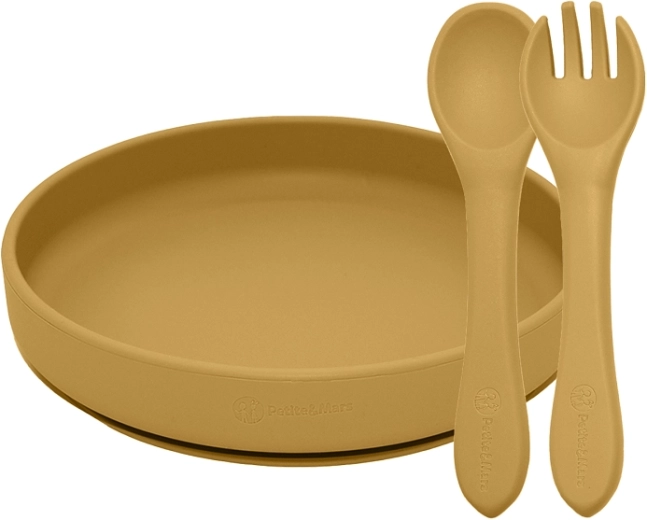 Set repas en silicone Petite&Mars Take&Match : assiette et couverts, intense ocre 6m+