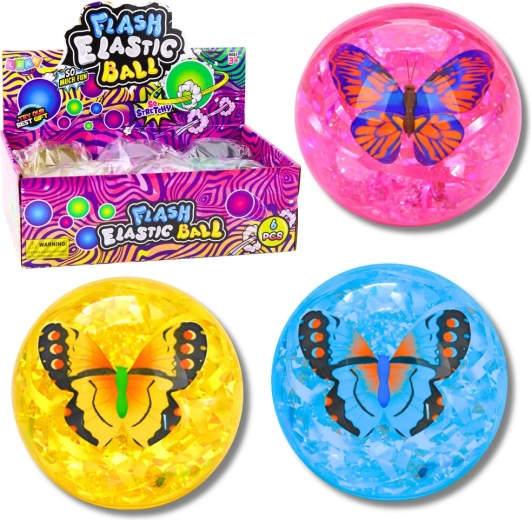 balle rebondissante lumineuse avec confettis et papillon 9 cm