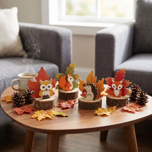 Décoration de table automnale en MDF avec feuille d’érable et petit animal - 1 pièce