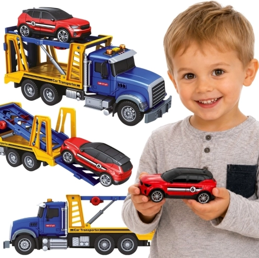 Camion de dépannage Woopie avec porte-voitures et voiture avec effets lumineux et sonores, échelle 1:14
