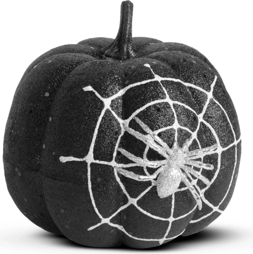 Décoration d’Halloween en forme de citrouille avec araignée et paillettes noires, 15 cm