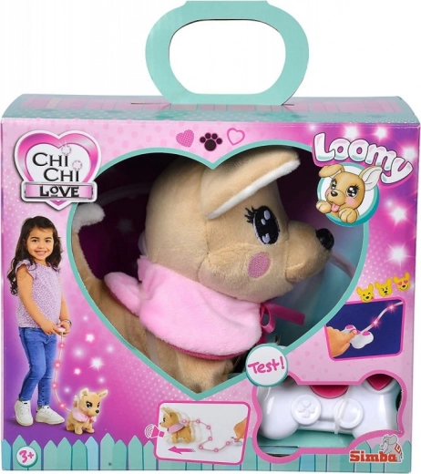 Chiot en peluche interactif CHI CHI LOVE Loomy avec laisse lumineuse et télécommande filaire, 18 cm