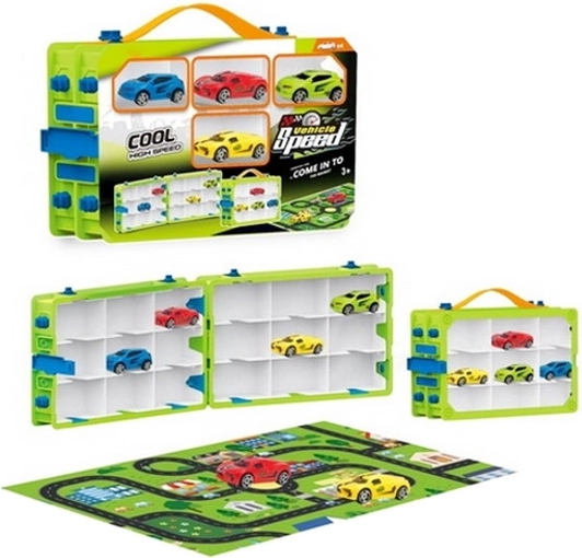 Set de petites voitures avec valisette et tapis de jeu